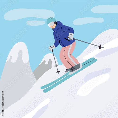 A Skier in helmet and winter clothes skiing downhill on snowy mountain slope. Winter sports and outdoor activity concept.