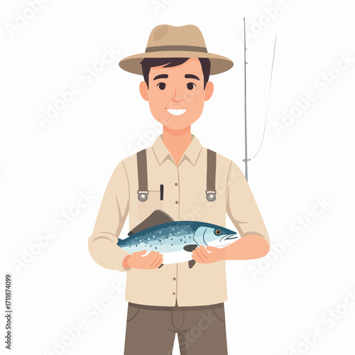 Smiling fisherman proudly displays a freshly caught salmon.