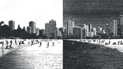 Black and white illustration of a bustling beach city with people enjoying various activities.