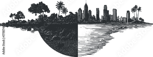 A striking illustration contrasting a tropical island silhouette with a modern city skyline.