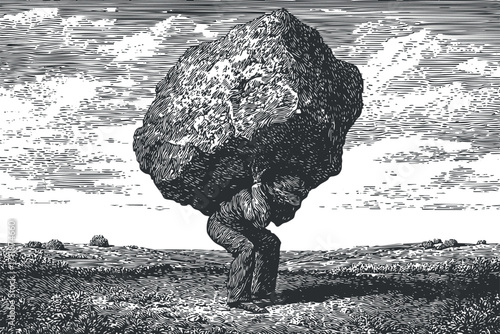 A person struggling under the weight of a large rock symbolizing burden and resilience.
