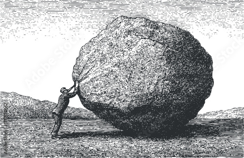 An illustration depicting a man pushing a large boulder symbolizing effort and determination.