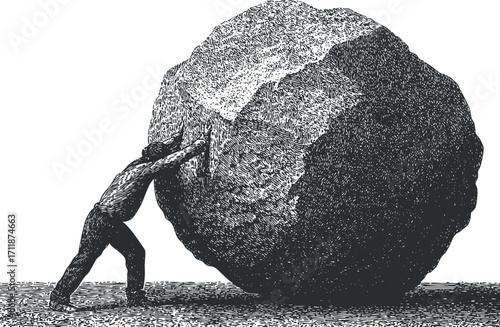 A man pushing a large rock symbolizing struggle and perseverance against challenges in life.