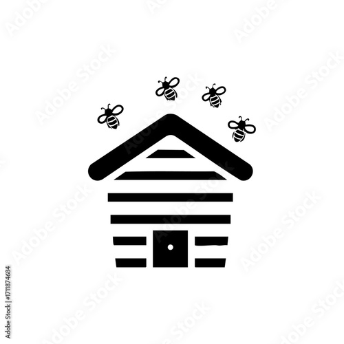Minimal beehive vector icon with buzzing bees, symbolizing beekeeping, honey production, apiary, teamwork, pollination and sustainable agriculture on a clean white background.
