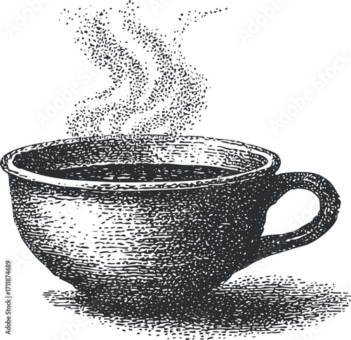A vintage illustration of a steaming cup of coffee or tea in a rustic style.