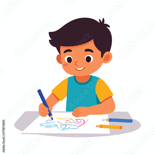 A young boy is happily drawing with crayons and markers on a white sheet of paper.