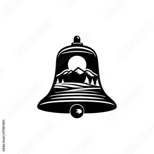 Minimal cowbell vector icon with mountains, fields and trees inside, symbolizing alpine farming, pastoral lifestyle, dairy traditions and countryside heritage.
