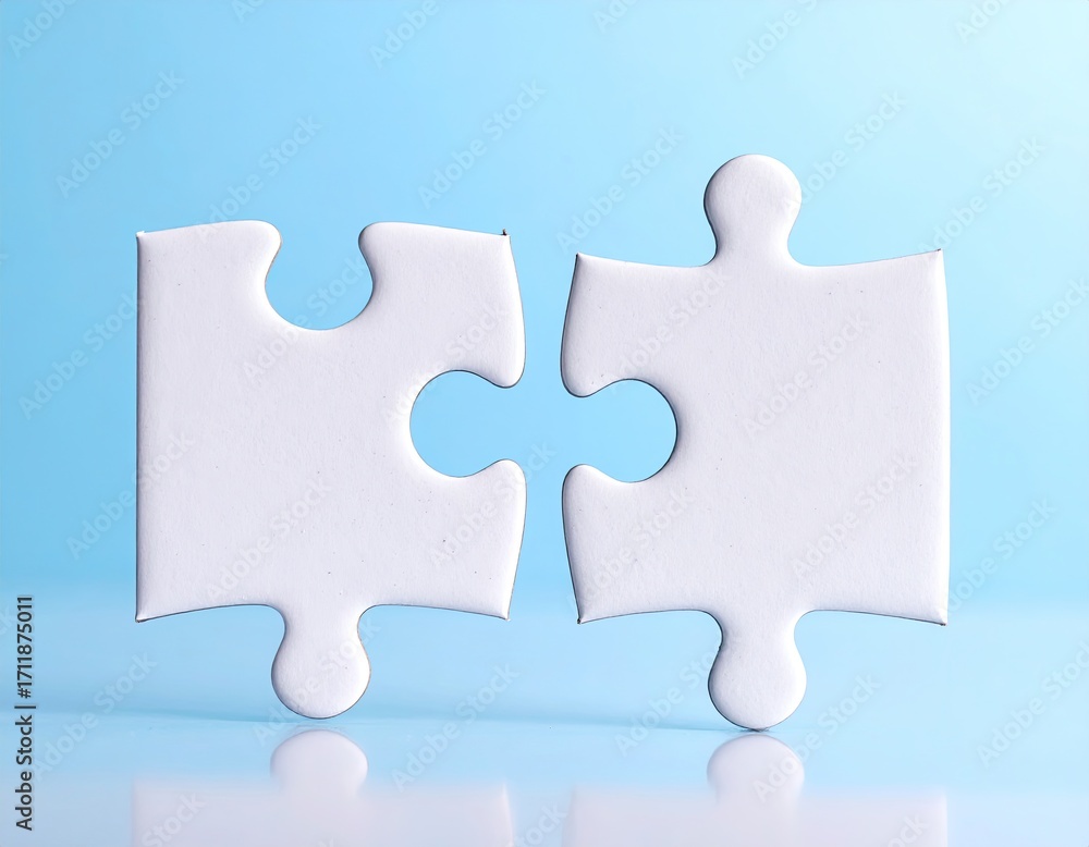 Obraz premium Two white puzzle pieces, light blue background