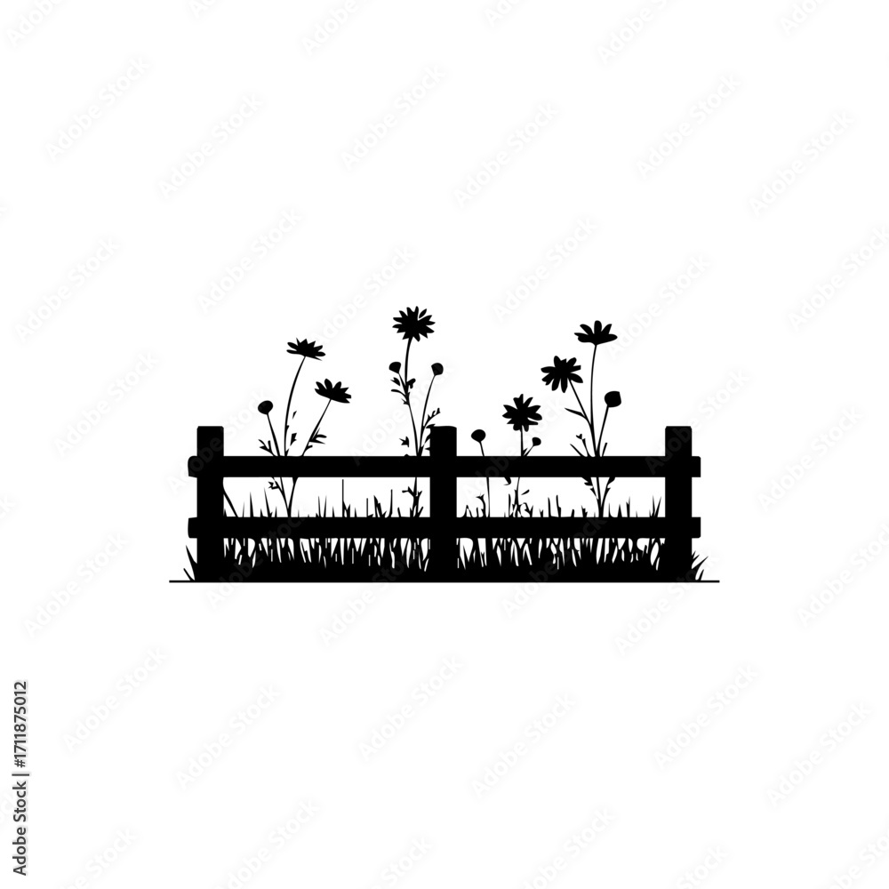 Naklejka premium Rustic wooden fence with meadow flowers and grass silhouette, symbolizing gardening, countryside lifestyle, rural charm and eco-tourism.