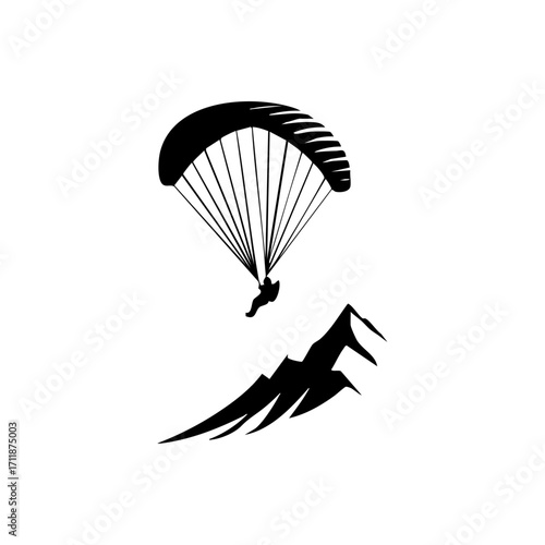 Paragliding wing over cliff silhouette, representing extreme sport, aerial freedom, adventure tourism and mountain outdoor lifestyle.
