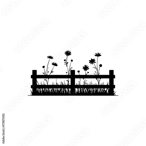 Rustic wooden fence with meadow flowers and grass silhouette, symbolizing gardening, countryside lifestyle, rural charm and eco-tourism.
