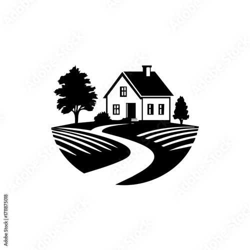 Minimal farmhouse with trees and pathway icon, representing rural homestay, agriculture lifestyle, countryside tourism and eco-living.
