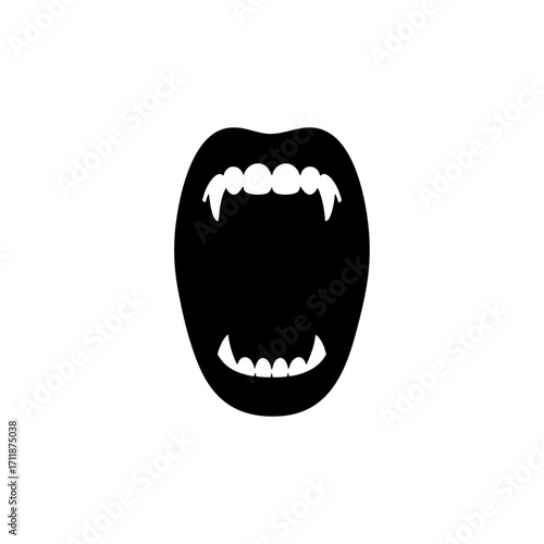 Silhouette of wide open screaming mouth with fangs, representing horror, fear, danger, Halloween and fantasy themes.
