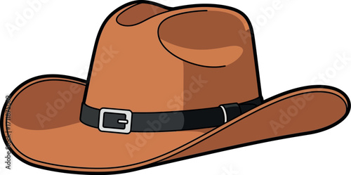 Classic brown cowboy hat with black band and buckle, isolated on white