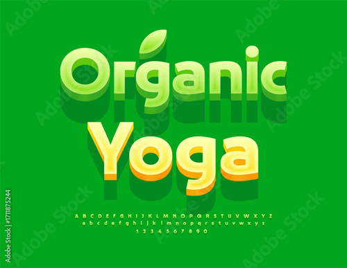 Vector Eco template Organic Yoga. Creative Green 3D Font. Decorative Alphabet Letters and Numbers set.