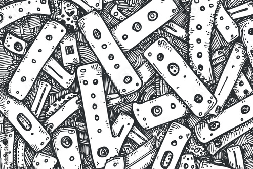 A detailed monochrome illustration featuring a random arrangement of abstract shapes and lines.