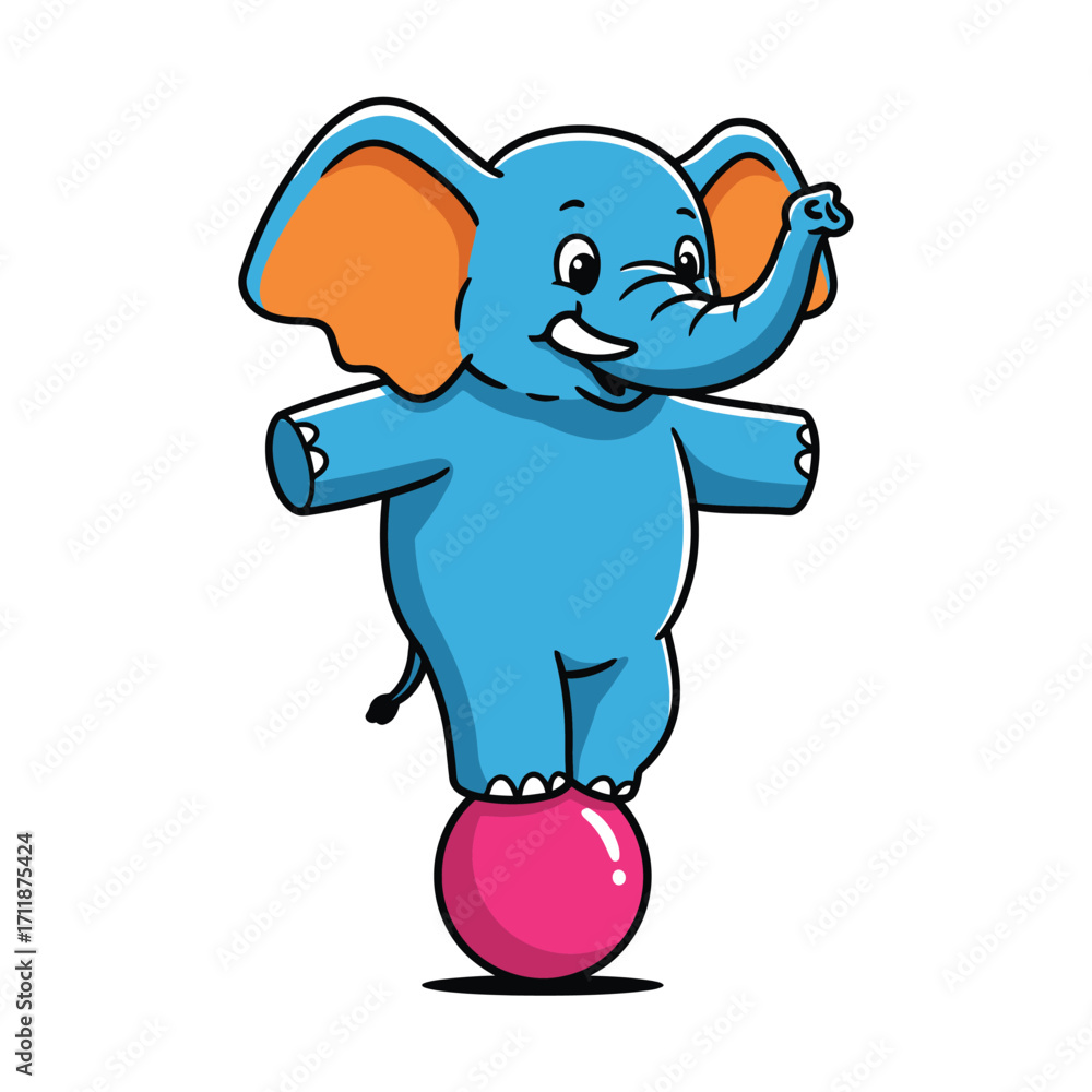 Obraz premium Elephant mascot balancing perfectly on a ball with colorful minimal vector style isolated on white