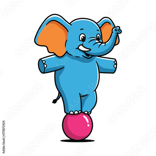 Elephant mascot balancing perfectly on a ball with colorful minimal vector style isolated on white