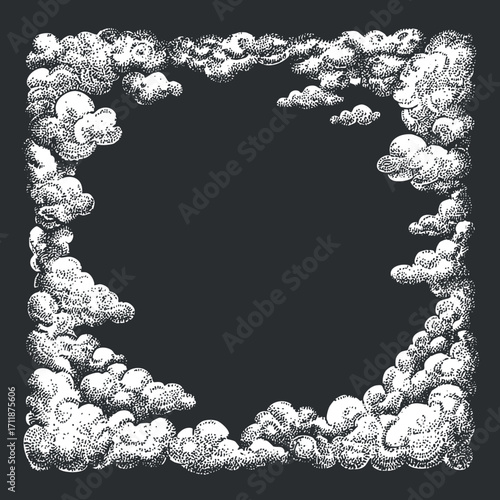 A decorative hand-drawn frame made of fluffy clouds on a dark background.