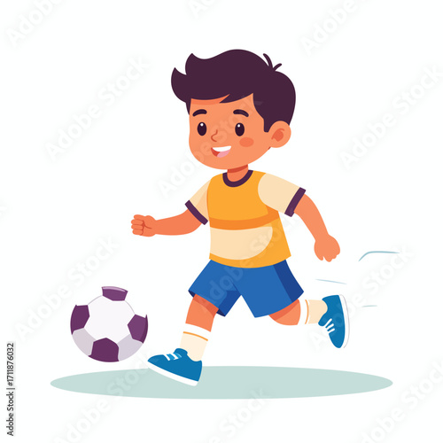 Cartoon boy running with a soccer ball, enjoying a playful game of football.
