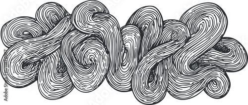 An intricate abstract illustration featuring swirling lines and curves in a black and white design.