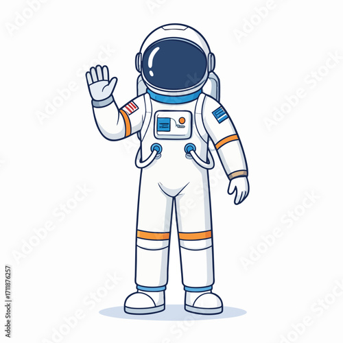 Friendly astronaut in spacesuit waving hello.