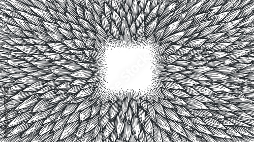An abstract monochrome design featuring intricate patterns radiating from a central square.