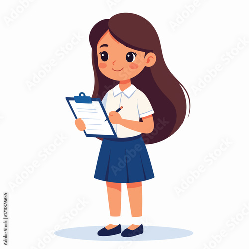 A young girl in a school uniform attentively writes on a clipboard.