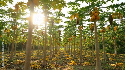 Orchard view rows of papaya trees tall trunks bearing fruit leaves littering the ground creating a symmetrical perspective