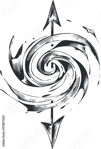 Abstract swirl design featuring arrows indicating motion and direction in a creative style.