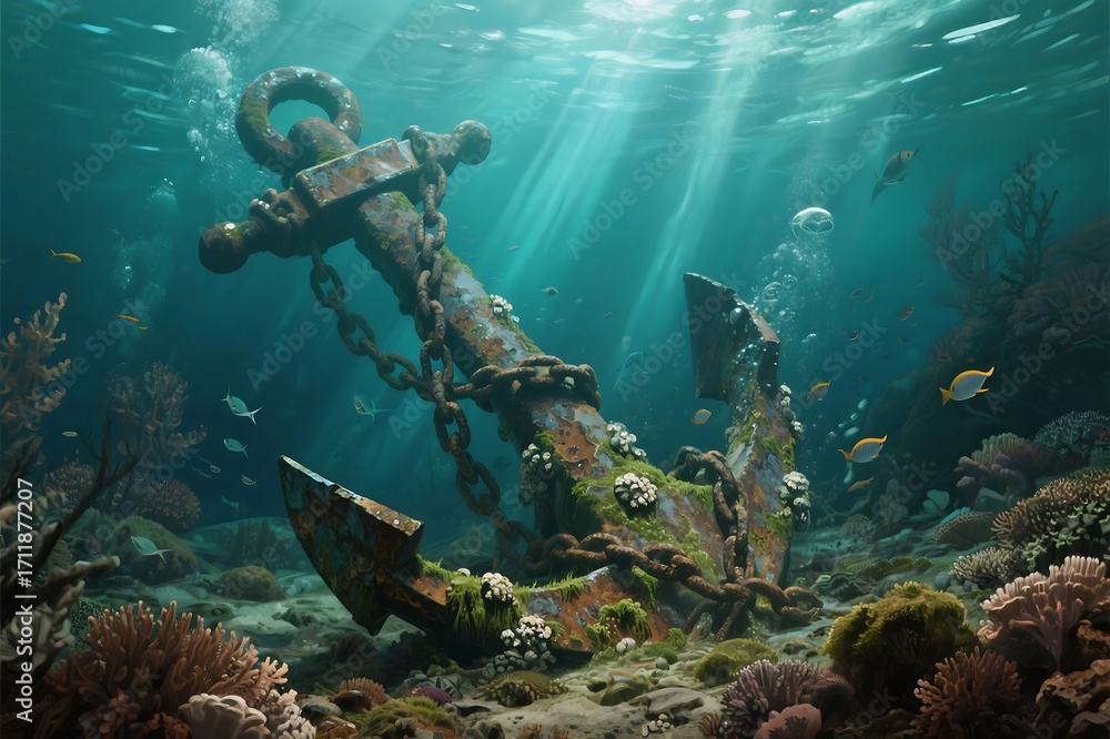 Fototapeta premium A tropical scuba diver explores a colorful coral reef teeming with marine life in the deep blue Red Sea