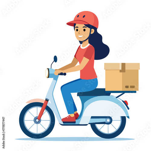 A young woman wearing a helmet is delivering a package on a light blue scooter.