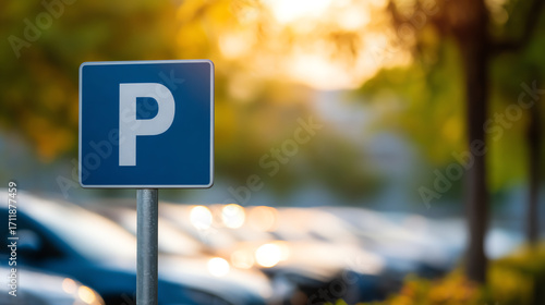 Blue parking sign with a white 
