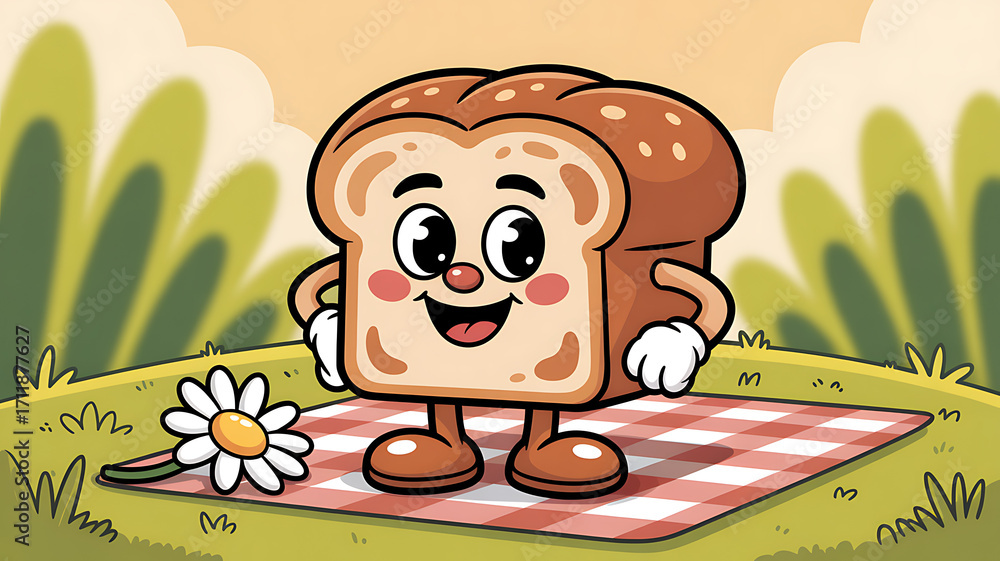 Fototapeta premium A friendly cartoon illustration of a smiling jam jar and a slice of bread waving together on a picnic blanket with strawberries, with the words
