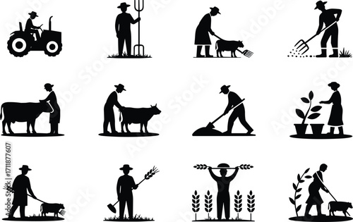 Black silhouette farmer illustrations, agricultural work scenes with people, animals, and crops, vector art for rural life, farm, harvest, and gardening projects