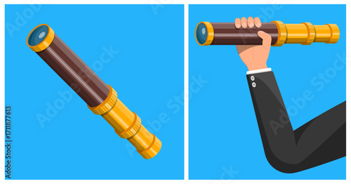 Hand of a man holding a spyglass or telescope. Exploration and discovery concept to find new opportunities.