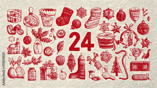 Christmas-themed illustration with festive items and number 24