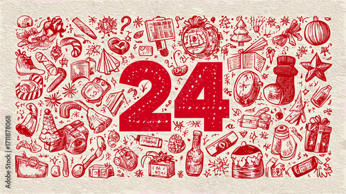 Festive Illustration of Number 24 with Holiday Doodles