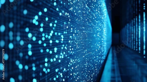 Rows of server racks in a data center glowing with blue LED lights.