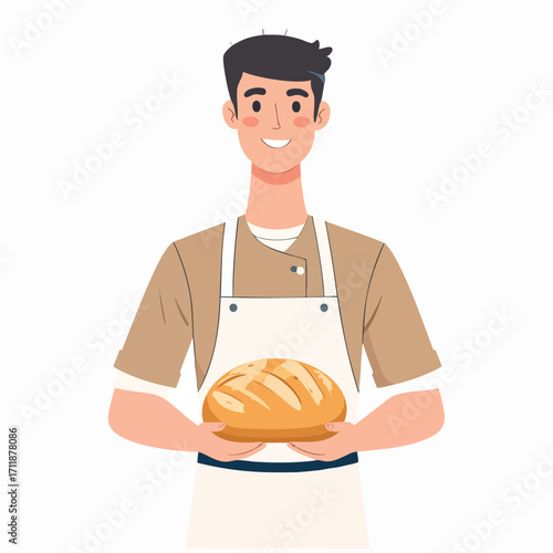 A cheerful baker proudly displays a freshly baked loaf of bread.