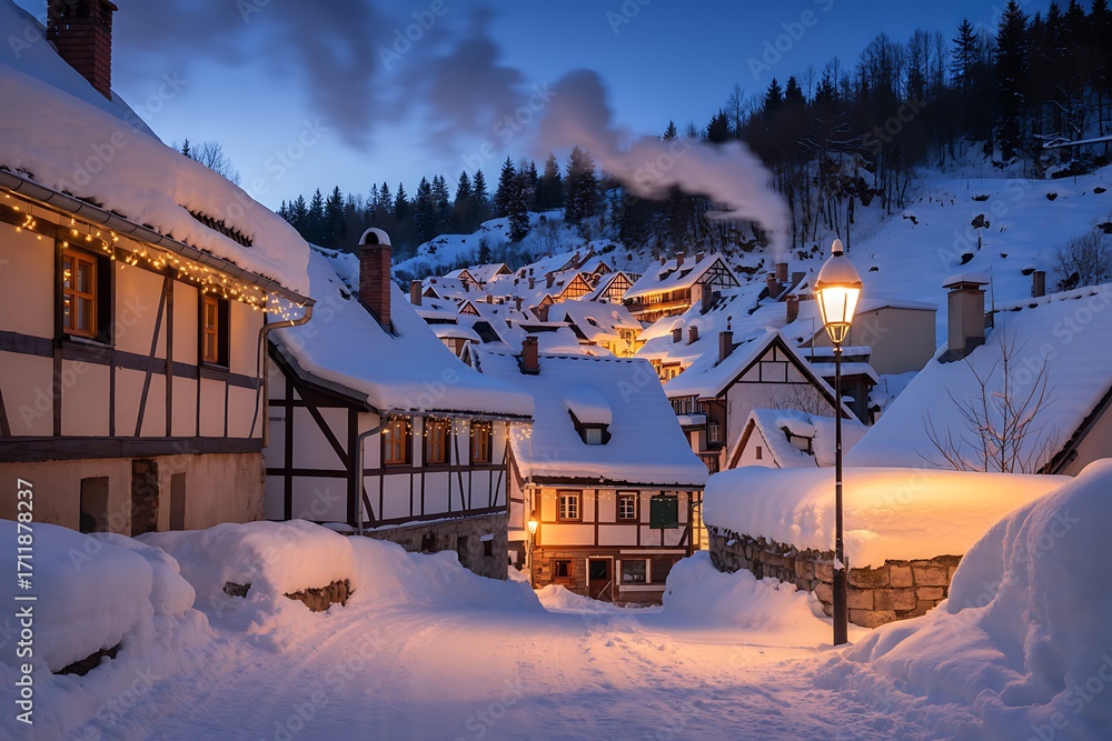 Obraz premium Charming snow-covered village street at dusk with illuminated windows, festive string lights, and a gas lamp casting a warm glow on traditional half-timbered houses