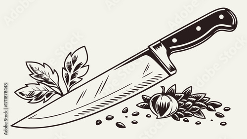 Chefs Knife with Herbs and Spices Culinary Illustration Vintage Style Kitchen Design Food Graphic Restaurant Menu Cookbook Illustration.