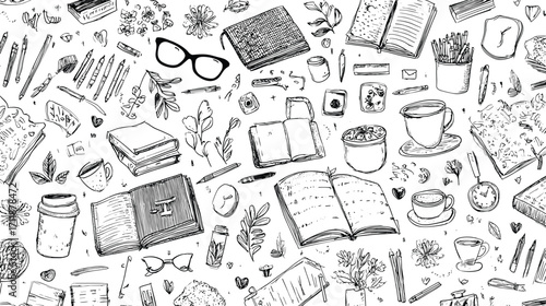 Hand-drawn stationery and study items pattern