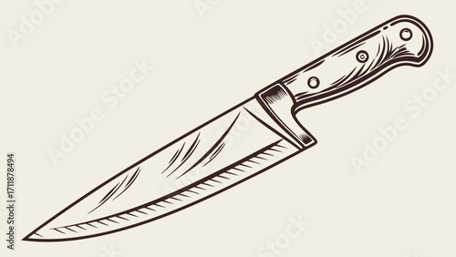 Chefs Knife Kitchen Utensil Cooking Tool Hand-Drawn Vintage Style Engraved Sharp Blade Wooden Handle Cutlery Restaurant Menu Graphic Food Illustration Culinary Design Recipe Book Imag.