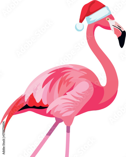 Festive pink flamingo wearing a Santa hat, ready for holiday cheer.