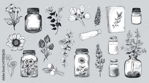 Vintage botanical illustrations with jars and flowers