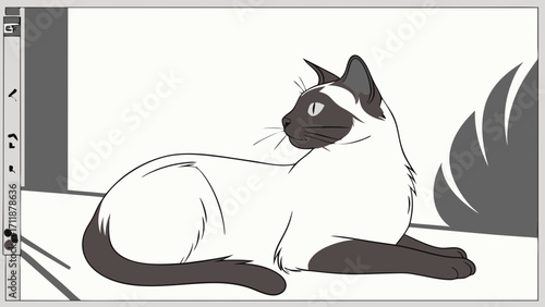 Coloring page illustration of a Siamese cat lying down pet animal domestic cat feline kitty black and white grayscale simple drawing easy coloring childrens book pet portrait animal i.