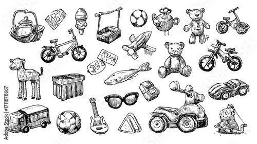 Hand-drawn collection of toys and playful items