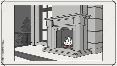 Cozy Fireplace Interior Design Illustration Home Decor Warm Winter Scene Stone Mantelpiece Burning Fire Room Design Comfortable Home Grey Color Palette Architectural Drawing House Interi.