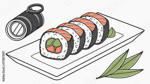 Delicious Sushi Rolls on Plate with Wasabi and Soy Sauce Illustration.